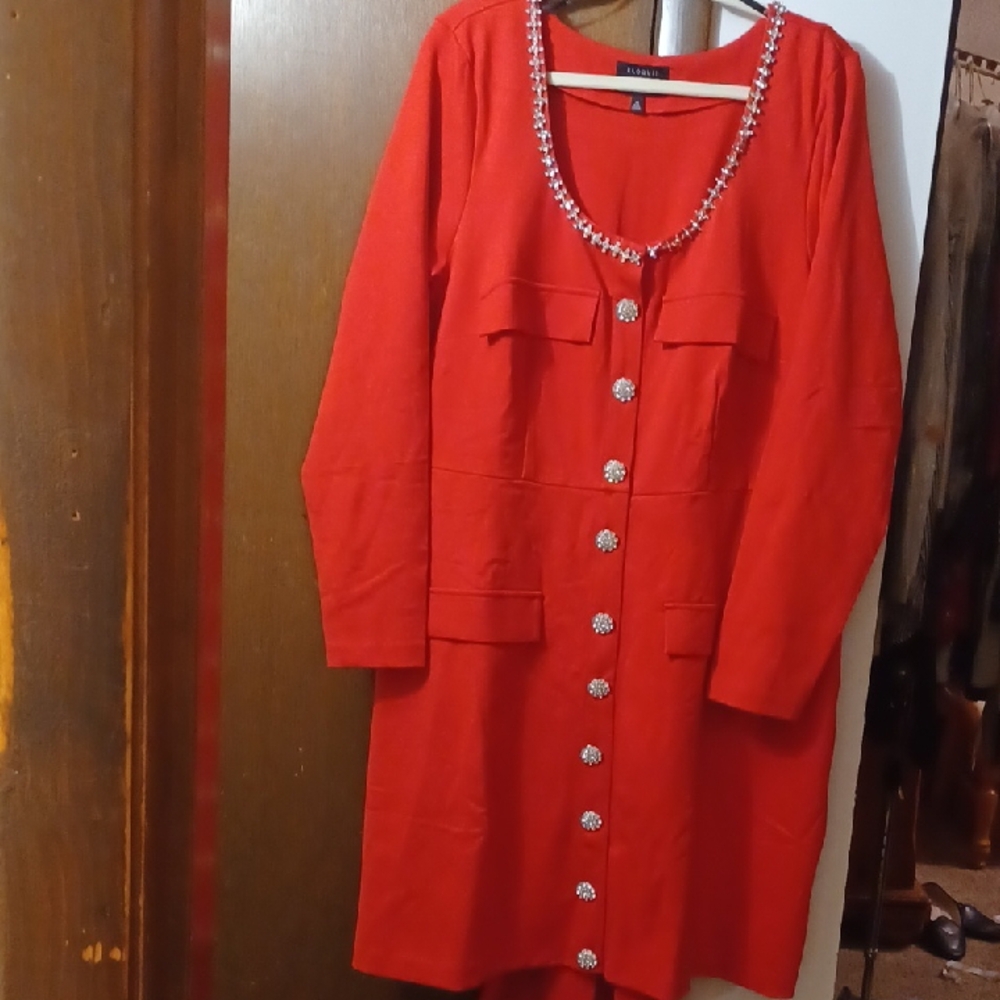Eloquii Red Long Sleeve Dress with Embellished Neckline - Picture 6 of 10
